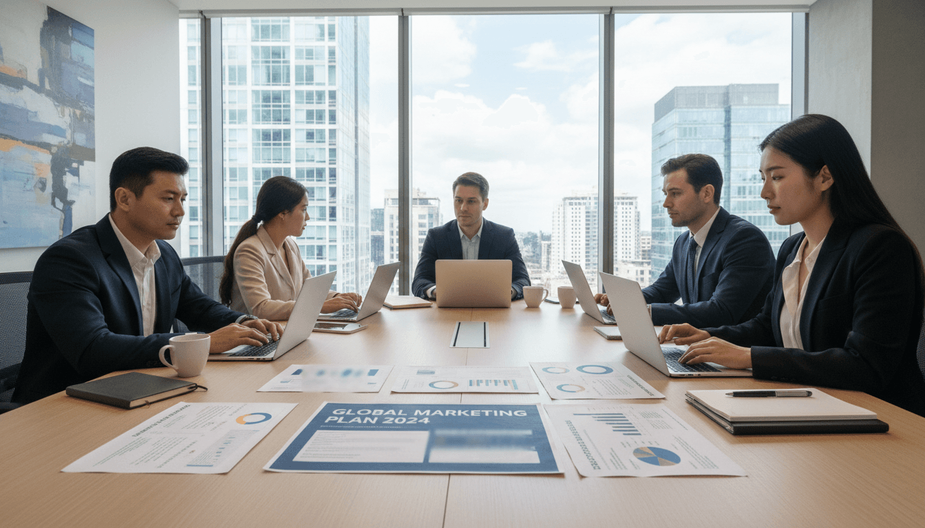 Professional business strategist reviewing marketing analytics on laptop at modern office desk