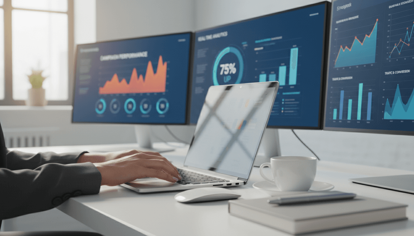 Professional digital marketer working at desk with marketing analytics and strategy materials