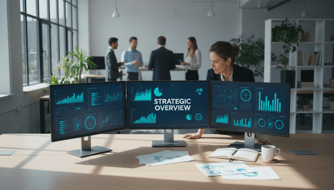 Professional marketing strategist working at a desk with digital analytics displayed